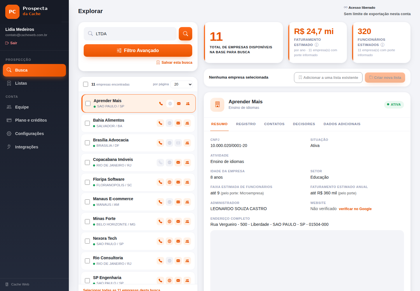 Tela de busca do Prospecta da Cache, mostrando empresas encontradas e o painel de detalhes