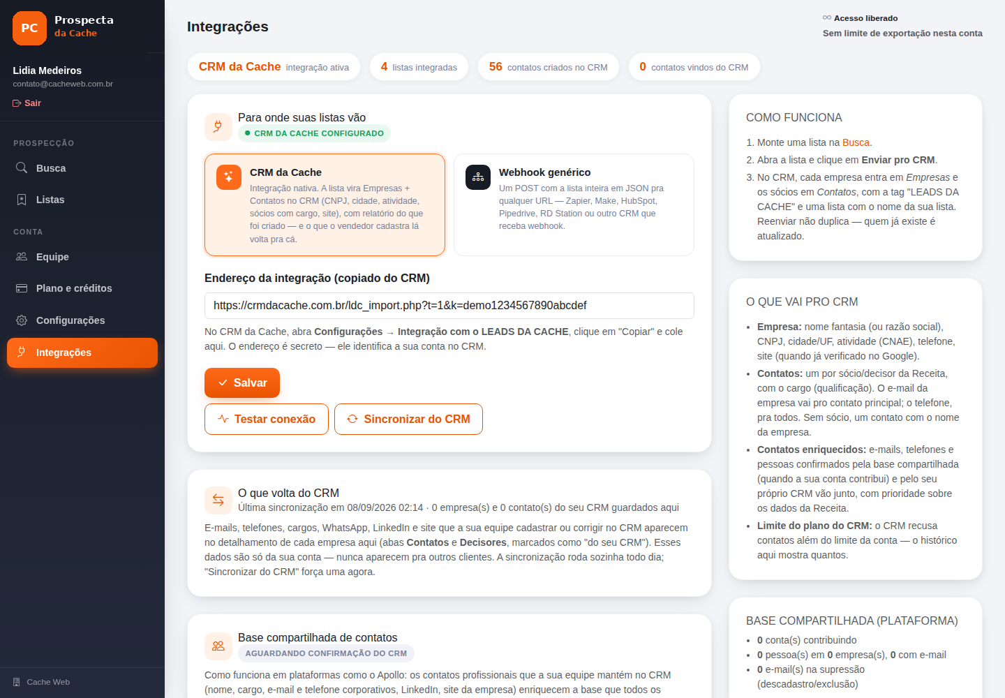 Tela de integrações do Prospecta da Cache, com a integração nativa ao CRM da Cache configurada